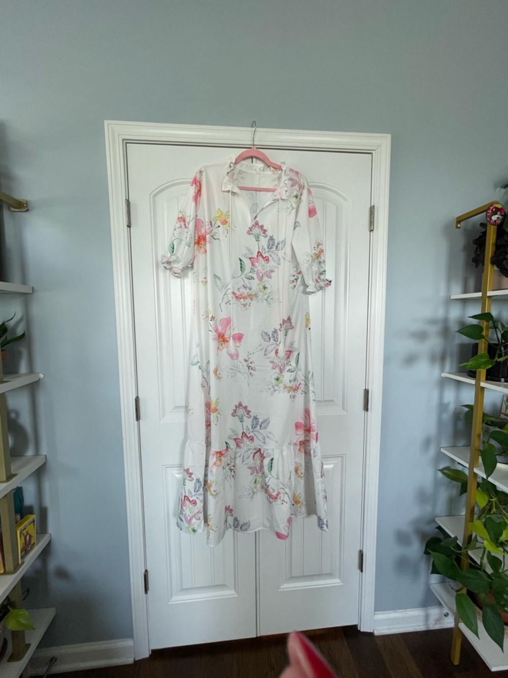 🆕Floral White Midi Dress with Pink & Yellow Accents Size M